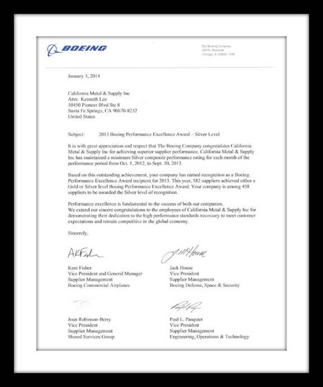 Boeing Supplier Excellence Award Letter